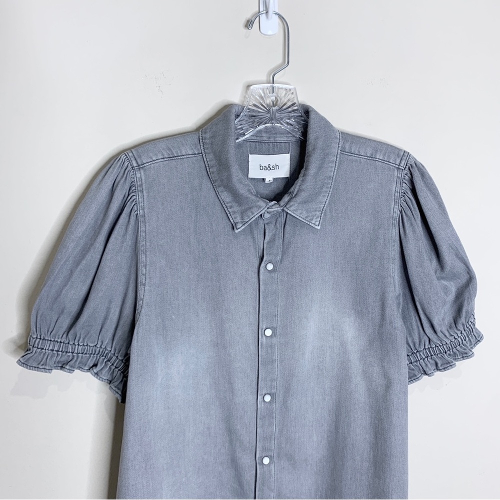 Ba&sh Danee Denim Shirt (Sz 3 / L) Puff Sleeve Button Down Light Grey - Picture 8 of 16